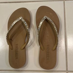 Mystique embellished tan flip flops. Size 7/8. Worn one time.  Good condition